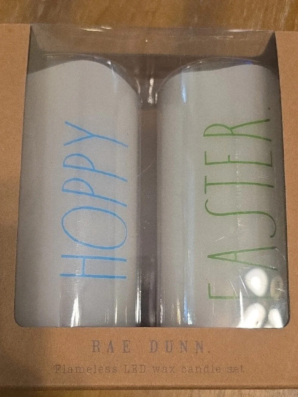 Rae Dunn White LED Candle Set with Blue and Green Lettering
